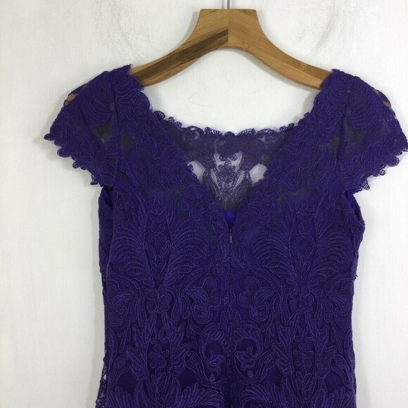 Tadashi Shoji Corded Lace Embroidery Tulle Cap Sleeve V-Back Dress Purple 6 - Picture 5 of 10